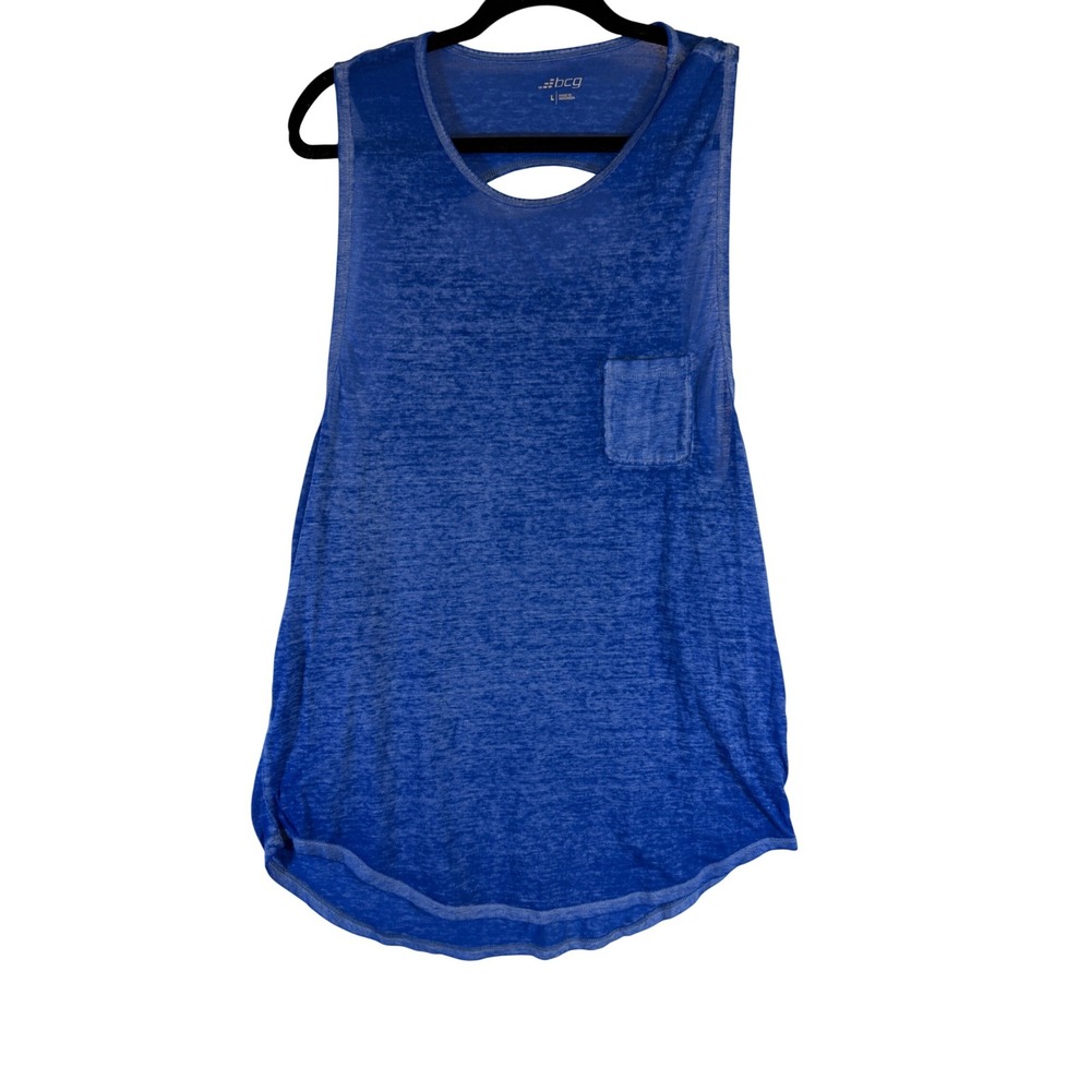 BCG Womens Blue Burnout Knit Tank Top Keyhole Back Pocket Size L Activewear